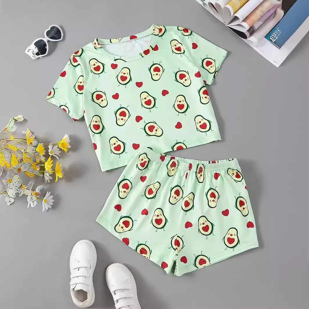 Women\'s Plant Avocado Print Pajama Set - Soft  Comfortable Loungewear with Short Sleeve Crew Neck Top and Shorts Sleepwear