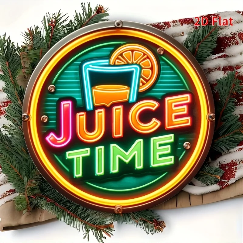 2D-Metallschild, farbenfrohe Metall-Wandkunst zum Thema „Juice Time“, hochauflösender Druck für die Dekoration von Küche, Esszimmer und Partys