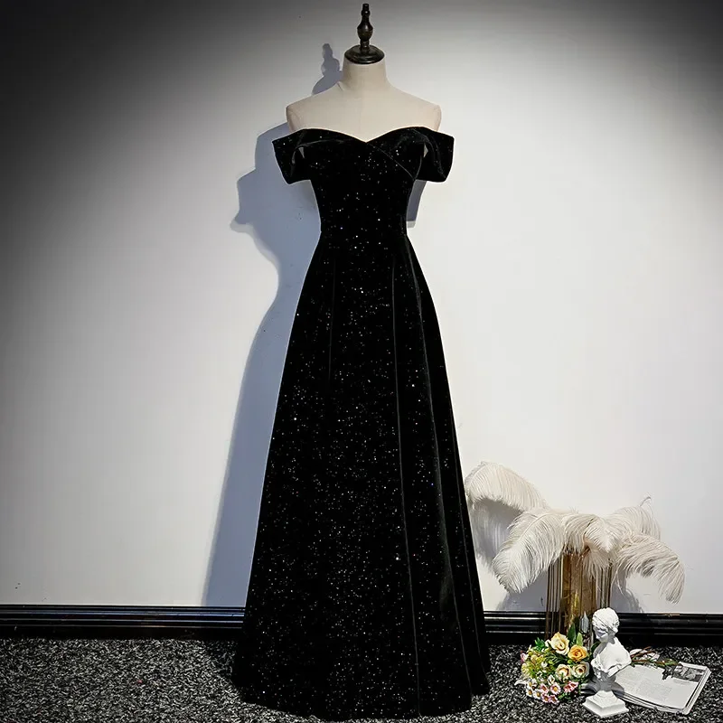 

Customized Evening Dress Black Flannel Off The Shoulder Floor-Length Zipper Back A-Line Plus size Woman Party Formal Gown B1619