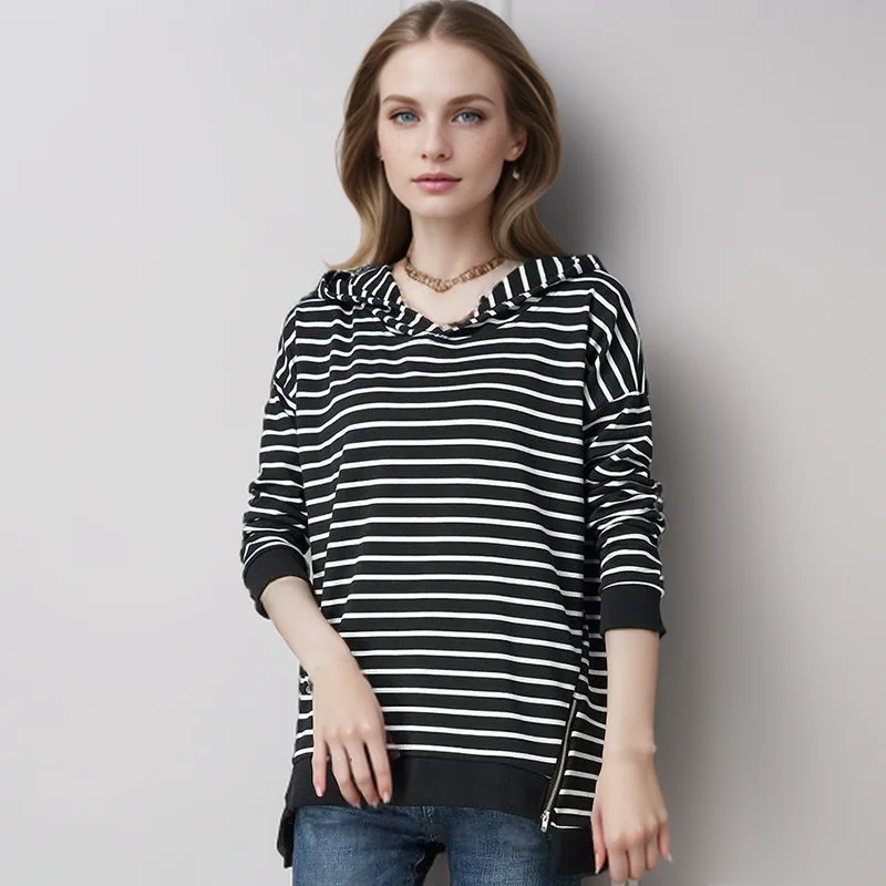 Plus Size 5XL 150KG Autumn Hooded T Shirt Long Sleeve Women Striped T Shirt Large Size Odzież damska Casual Female Big Tops