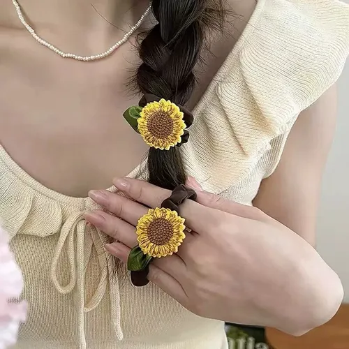 Imagen 2 del producto 1 pieza, nuevas bandas elásticas para el cabello con girasoles para niñas, accesorios para el cabello de princesa para niños, lazos para el cabello para niños, sombreros para bebés