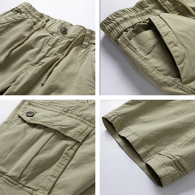 Men Summer New Cotton Cargo Shorts Men's Fashion Casual Multi Pockets Shorts Pants Elastic Waist Breathable Joggers Shorts Male - Image 6