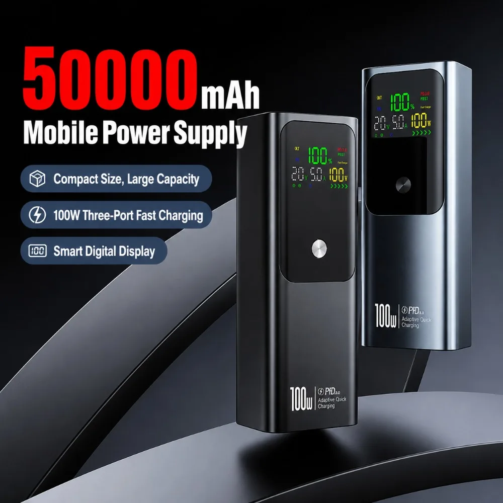 Power Bank 50000mAh Portable Color Screen Supports PD100W Bidirectional Fast Charging Suitable for IPhone Laptop Samsung Xiaomi