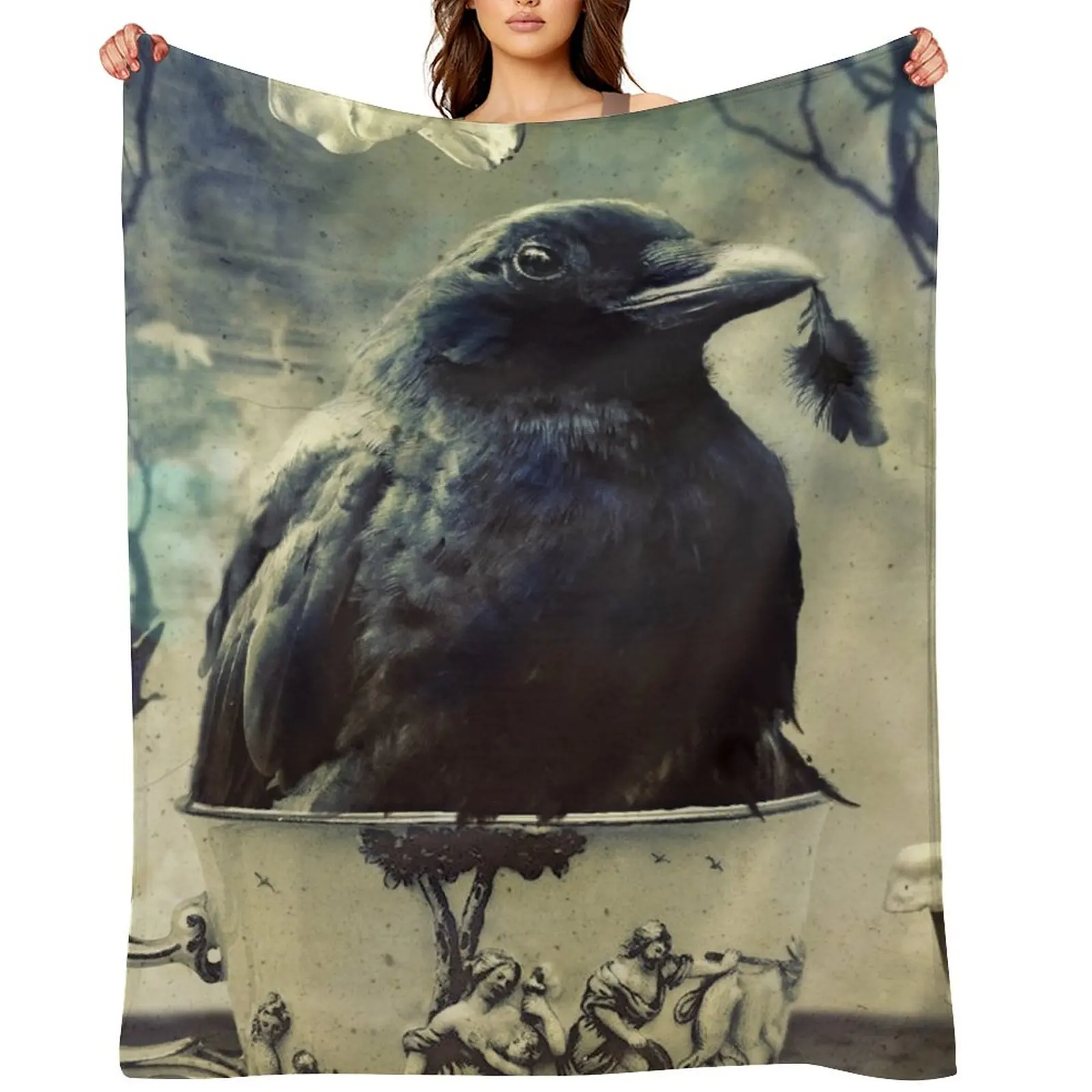 

Gifts From Time - Raven in Tea Cup Throw Blanket Comforter Decorative Sofas Extra Large Throw For Decorative Sofa Blankets