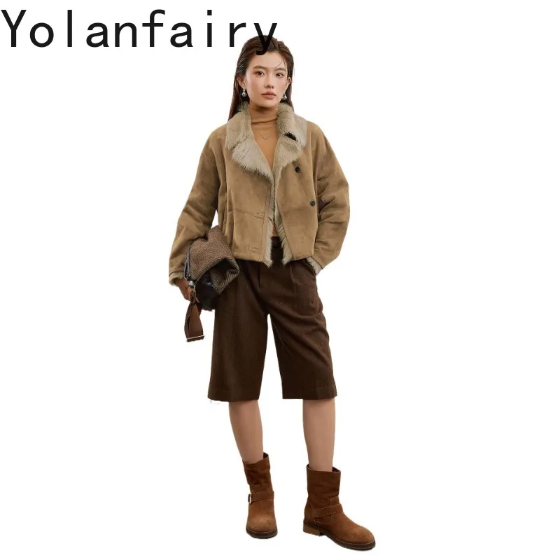 YOLANFAIRY High Quality Natural Sheepskin Shearling Fur Jacket Women Luxury Winter 100% Real Wool Fur Coats Turn-down Collar