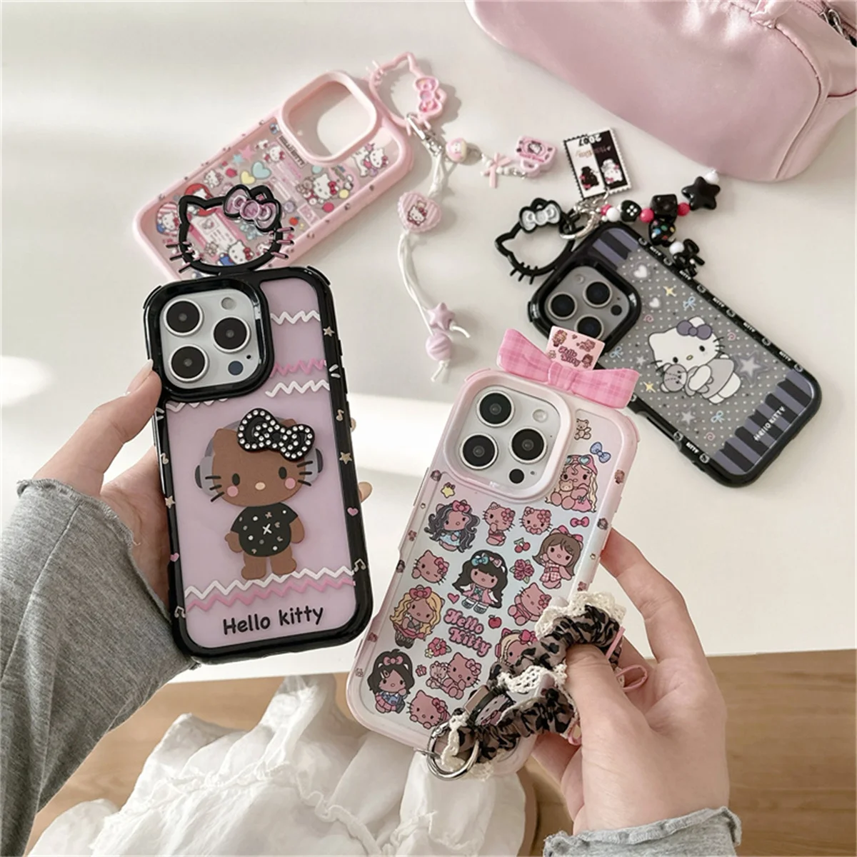 

Japanese Cartoon Hellokitty Phone Case For iPhone 16 Pro 15 14 Pro Max Cover with Ring Cute Protective Cases For Girls Capa