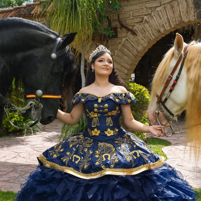 

Dark Blue Quinceanera Dress off-shoulder Glitter Lace Layering Decal Long tail vestidos de 15 Quinceanera ﻿Customized