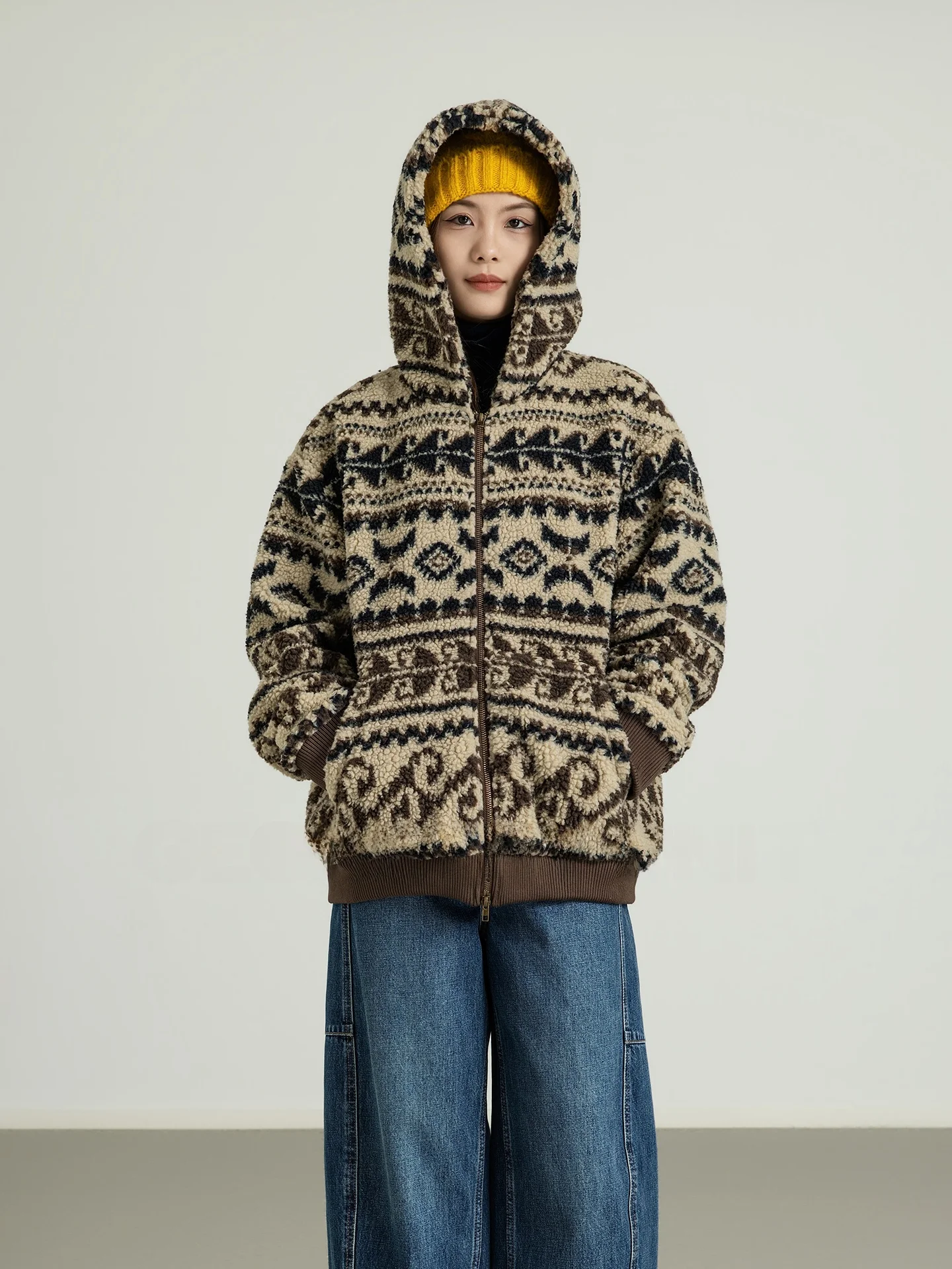 

Утепленная флисовая куртка с капюшоном, вязаная в стиле Fair Isle, ретро, женское пальто, теплое, с длинными рукавами, на молнии, повседневная верхняя одежда