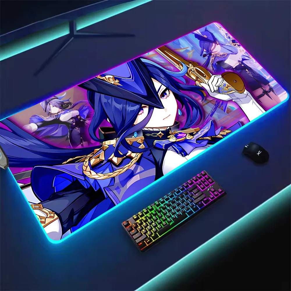 Game Genshin Impact Clorinde S Mouse Pad RGB LED Light Non-Slip Rubber Base Waterproof Office PC Home Best Price Desk-Mat USB La