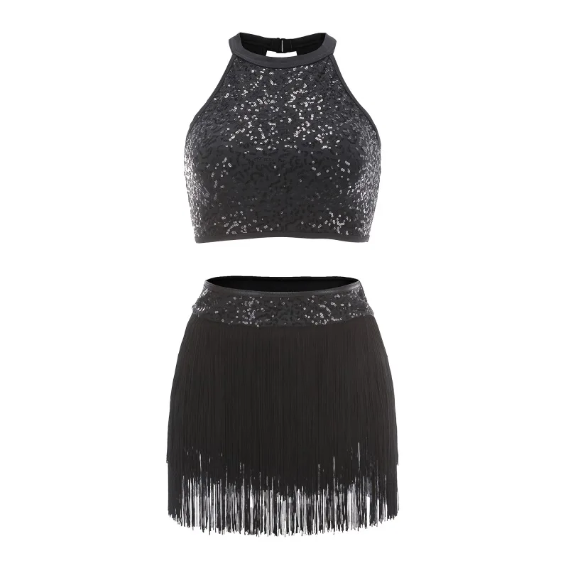 Adult Children Girls Dance Set Tassel Sleeveless Top with Skirt Training Outfits Clothes Stage Performance Costume