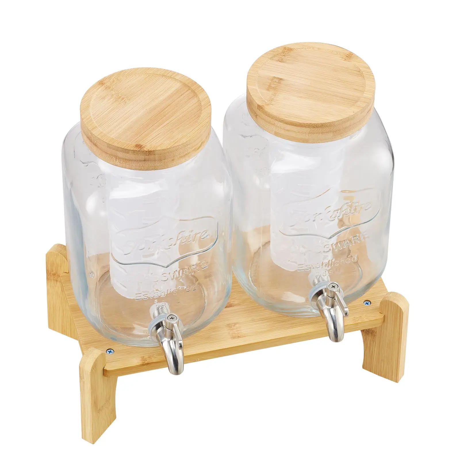 Beverage Dispenser, 2 Pack 1 Gallon Drink Dispensers for Parties, Glass Juice Dispenser with Wood Stand, Stainless Steel Spigot, Infuser, Iced Tea Lemonade Juice Water Dispensers for Parties view 2