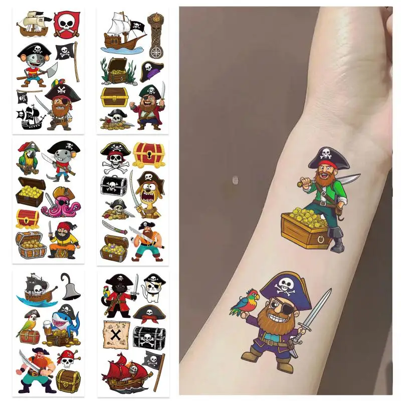 10Pcs Cartoon Pirate Treasure Gold Temporary Tattoos Sticker Skeleton Pirate Tattoos For Girls Boys Birthday Party Supplies