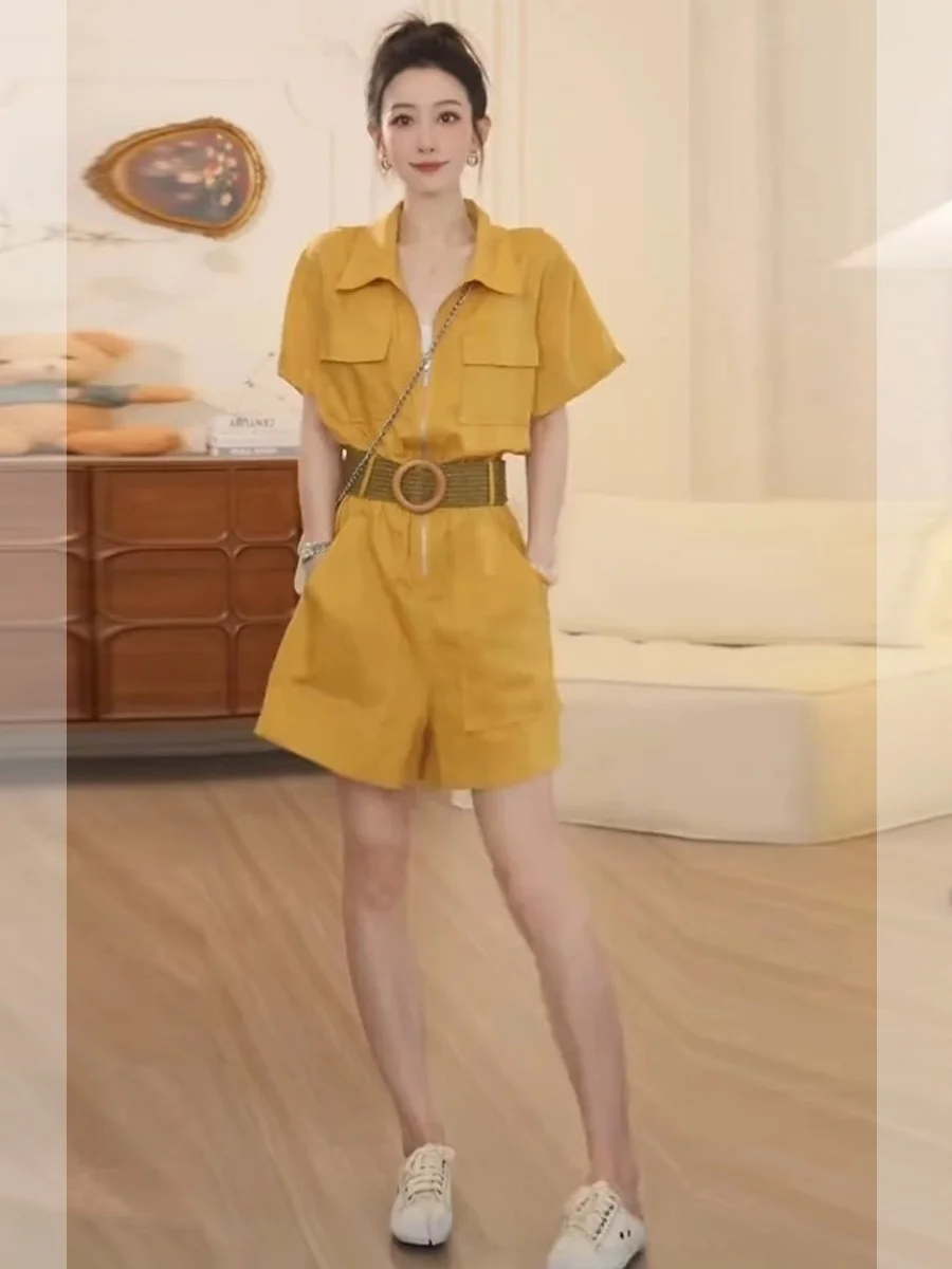 

Летний желтый комбинезон с высокой талией, юбкой А-силуэта, коротким рукавом, воротником и застежкой-молнией, модный, элегантный, женский, в европейском стиле