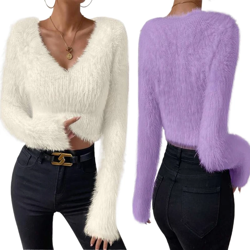 

«2025 зимний женский короткий свитер — однотонный приталенный пуловер с v-образным вырезом, мягкий вязаный топ для многослойных слоев»