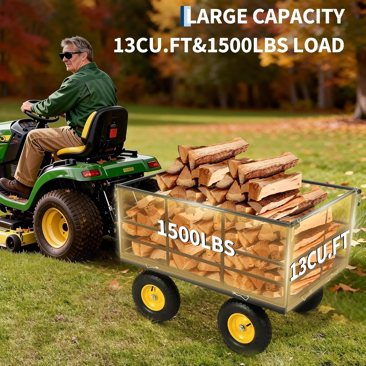 Garden Dump Cart, 1500 LB Heavy Duty Metal Yard Wagon Trailer