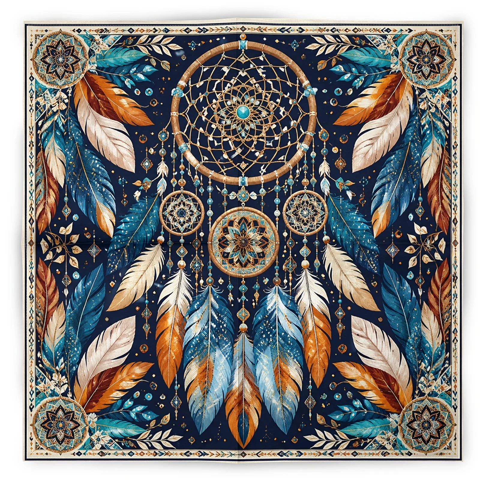 Boho Dreamcatcher Tapestry Blue Teal Peacock Feather Autumn Fall Boho Wall Hanging Decorative Table Runner
