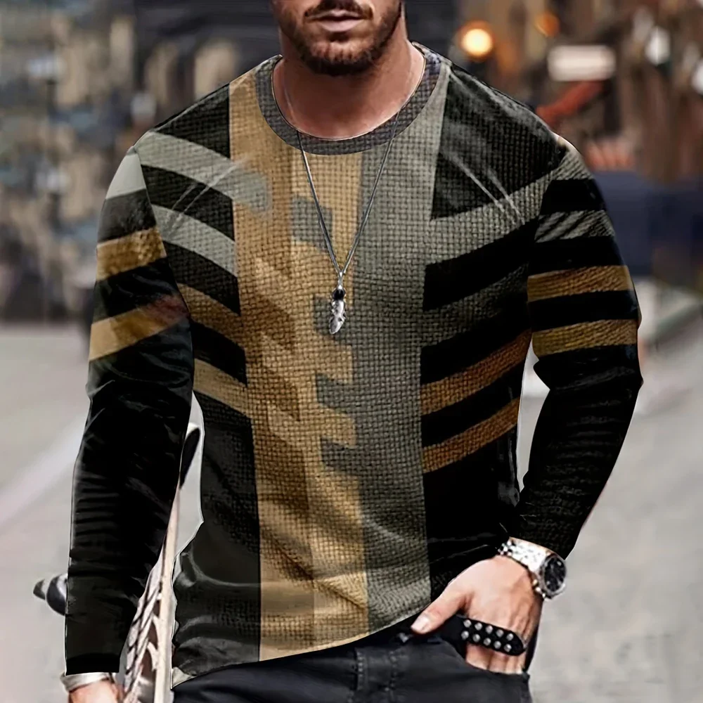 Retro Color Blocking Three Dimensional Printing Men Fall And Winter Loose Round Neck Longsleeved Casual Shirt Oversized Clothing