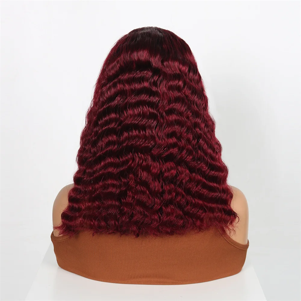 99J أحمر اللون موجة عميقة شعر مستعار شعر الإنسان 13x4 بورجوندي أسود قصير بوب الدانتيل الجبهة خصلات الشعر المستعار الإنسان للنساء قصيرة عميق مجعد