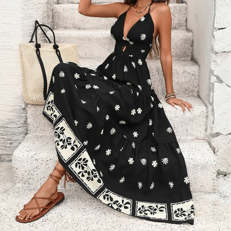 

2026 New Summer Sexy Vacation Retro Style Large Swing Halter Dress Backless Suspender Printed Dress
