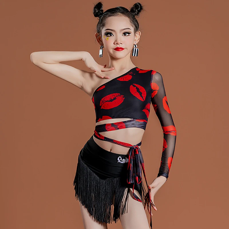 

Lolita Children Latin Dance Tassels Training Performance Girls Costume One Shoulder Cha Cha Samba Practice Clothing Dancewear