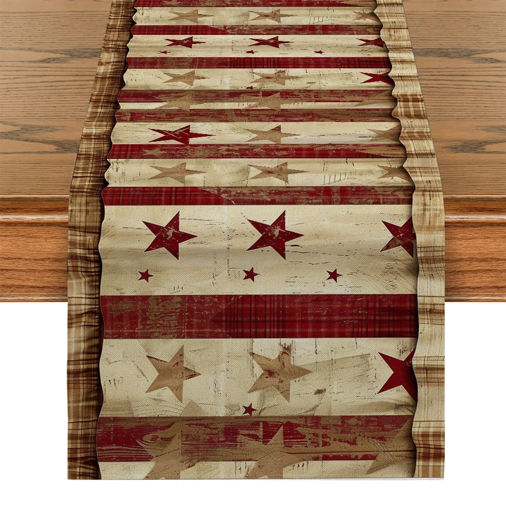 Five-pointed Star Check Wood Grain Table Runners Dresser Table Decor Farmhouse Dining Table Runner Holiday Party Decoration