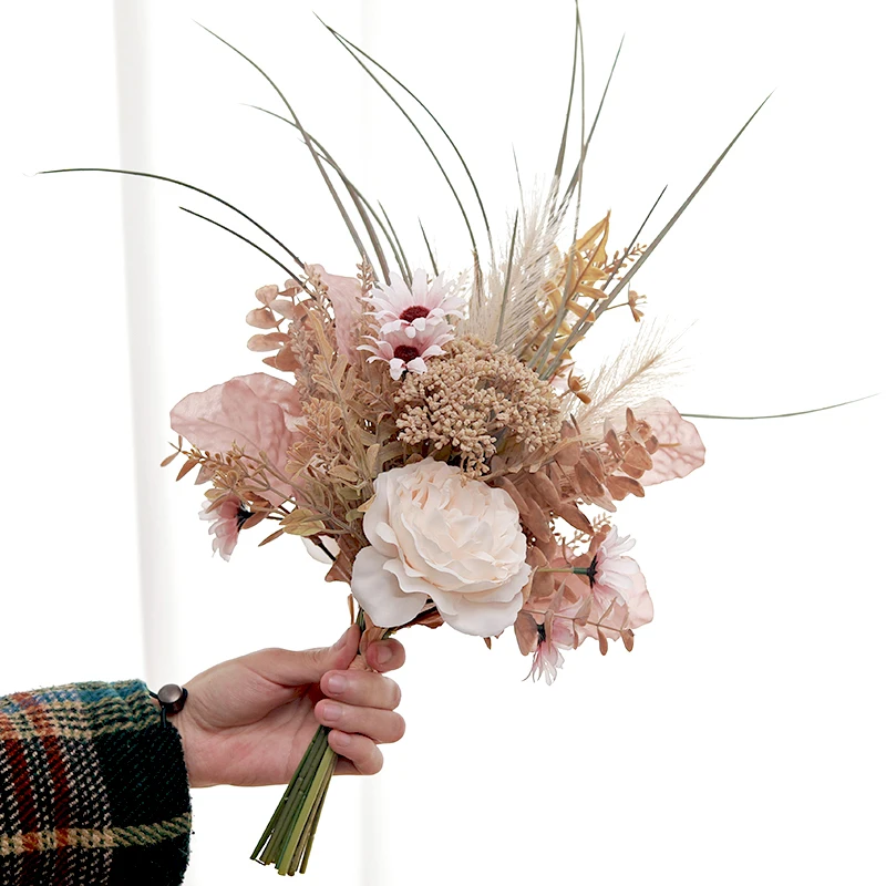 Pampas Künstliche Blumen für Hochzeit Dekorationen Mittelpunkt Pfingstrose Bouquet Champagner Großen Gefälschte Rosen Hause Tisch Zimmer DIY