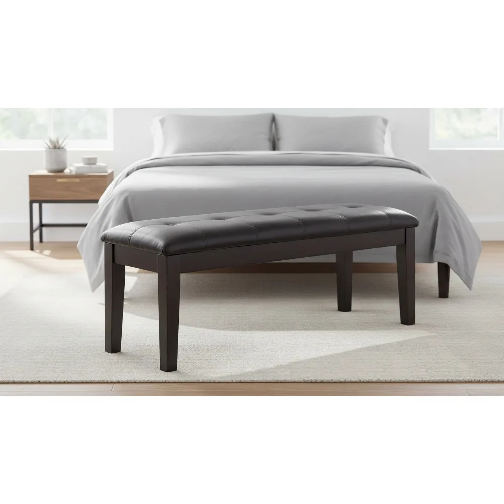 

Dark Brown Upholstered Dining Bench with Tufted Details, 49.5 Inch Wooden Seat for Kitchen Entryway Casual Seating