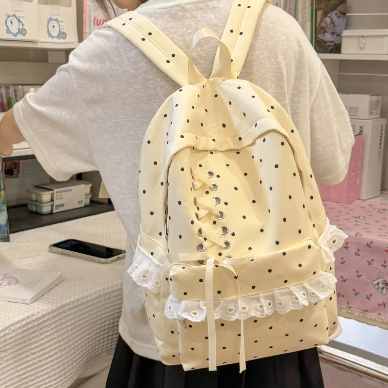 Kawaii Polka Dot Campus with Bow and Ruffed Lace Bag Coquette Travel Casual Daypack for Teens Women