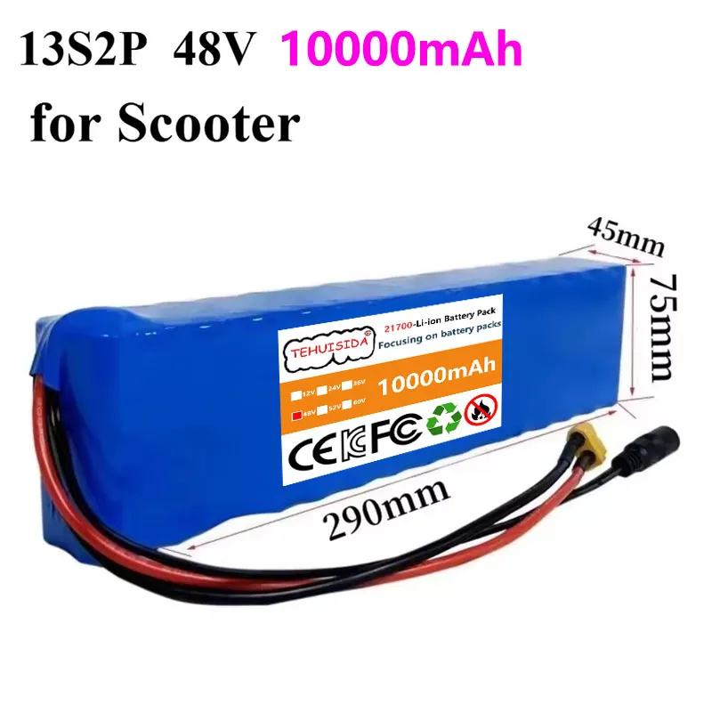 48V 13S2P 21700 10000mAh Rechargeable Battery with Built-in BMS 350W~700W, Suitable for 48V Electric Scooters
