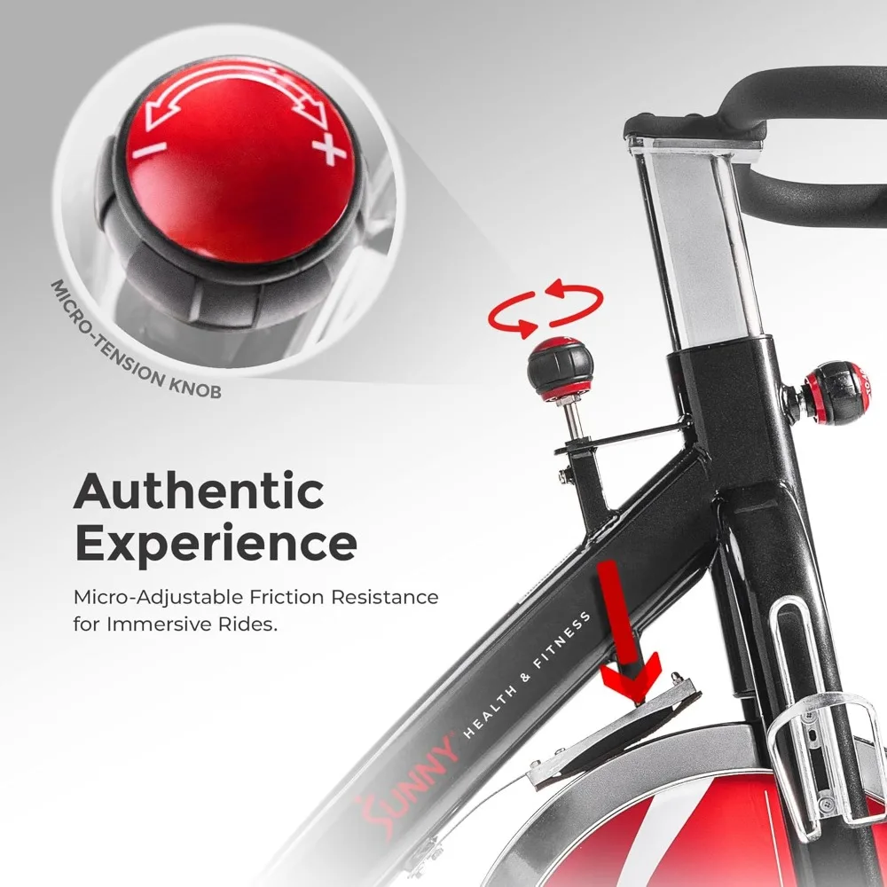 دراجة ثابتة شديدة التحمل من Sunny Health Fitness مع دولاب الموازنة بوزن 49 رطلًا وسعة وزن 275 رطل، تتميز بضبط مقعدًا رباعيًا