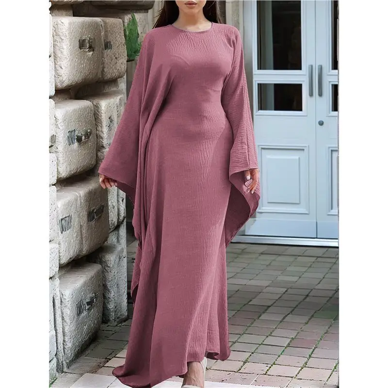 여성용 우아한 단색 긴팔 드레스 배트 슬리브 이슬람 맥시 로브
