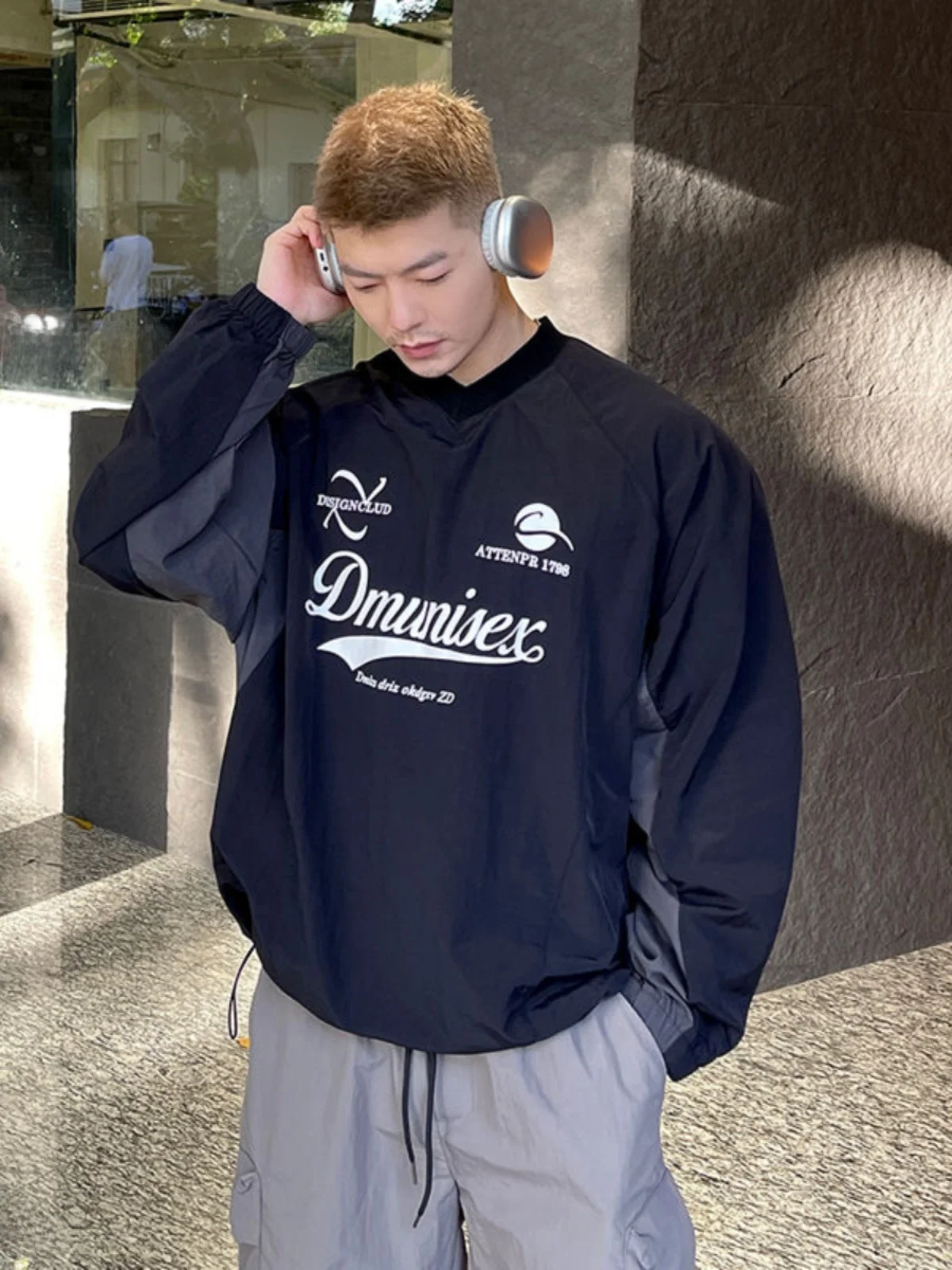plus Size 300 Pounds American Retro V-neck Long Sleeve Men's T-shirt Spring Autumn High Sensation Splicing Base Top Clothes