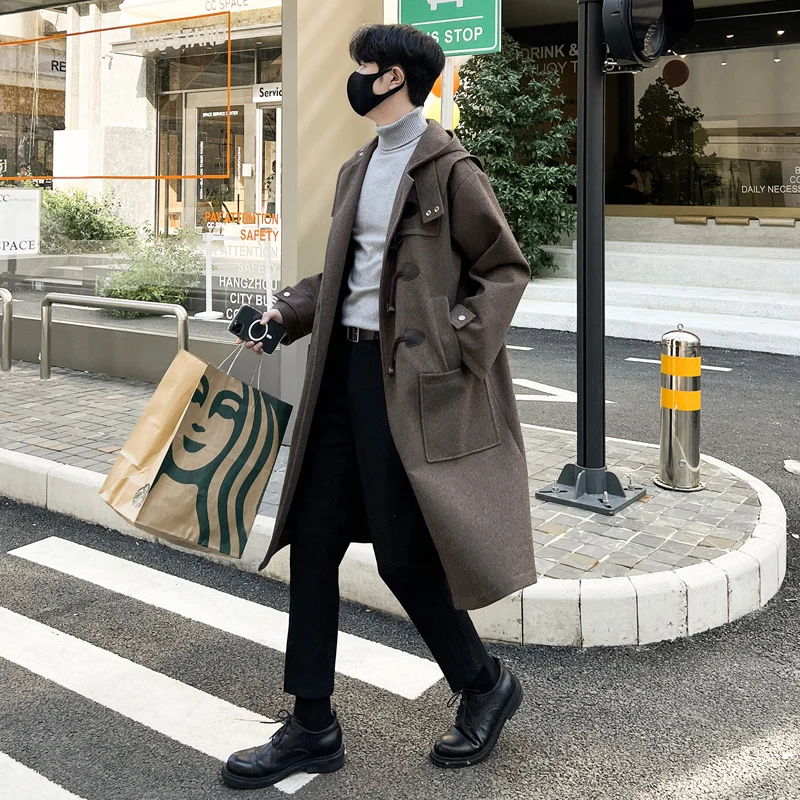 

Autumn Winter Men's Hooded Coat men Long trench Coat with Lining Wool Blends Streetwear Knee Coats Casual Men's Outerwear Cloth