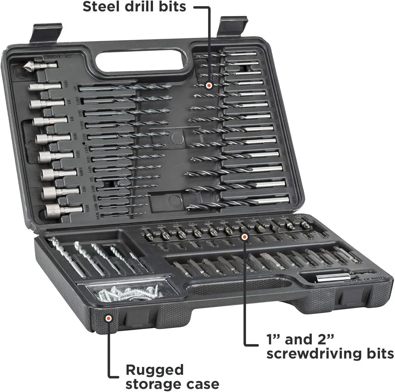 109-Piece Drill Bit Set with Screwdriver Bits in Black Blow-Molded Storage Case for Workshop and Home Repair Projects