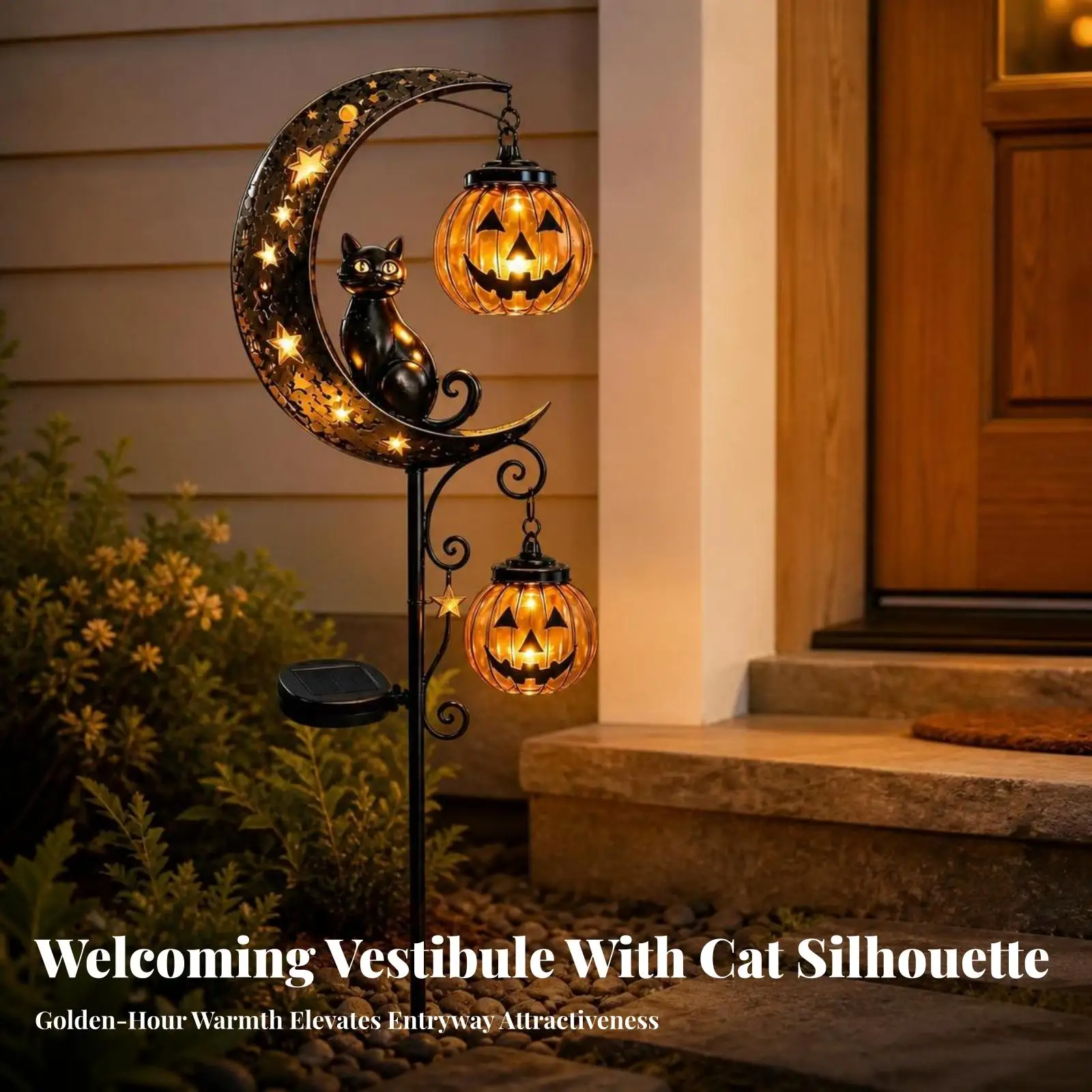 Solar Garden Lantern Wrought Iron Cat Moon Star Cutout Design Stake Light for Patio Walkway Decor