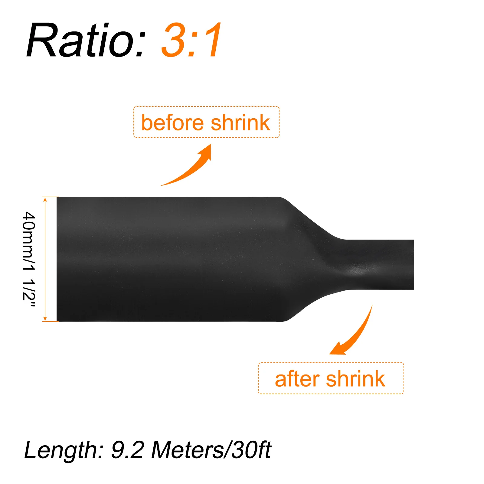 Heat Shrink Tubing 3:1 Ratio 12.7-40mm Dia 9.2Meters Adhesive Lined Dual Wall Heat Shrink Tube Waterproof Sealed Black for Wire