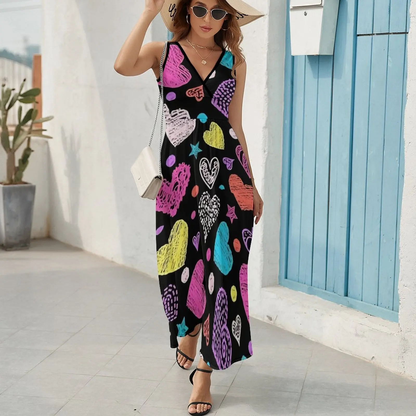 

New 2026 Women's Dress - Dopamine Love Art Deco Color Contrasting Heart Print V-Neck Dress