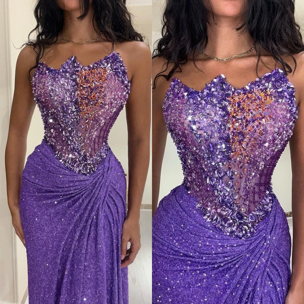 Fashion Customized Strapless A-line Anke length Prom Dresses Beading Sequins Taffeta Evening   robe femme soirée