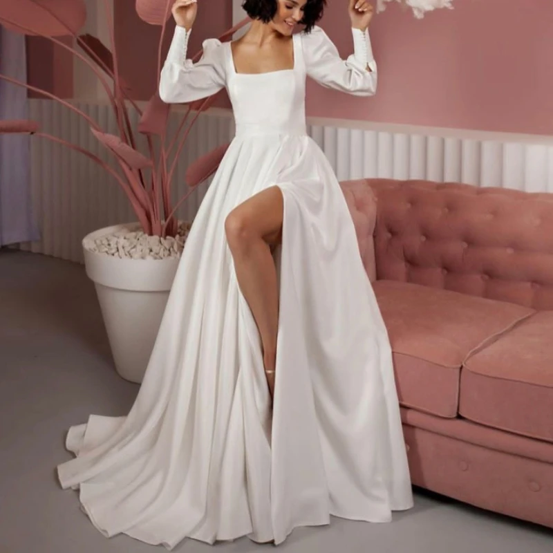 Elegante vestido de casamento com fenda lateral para mulheres personalizado 2025 simples uma linha quadrada mangas compridas com zíper até cetim nupcial crescido