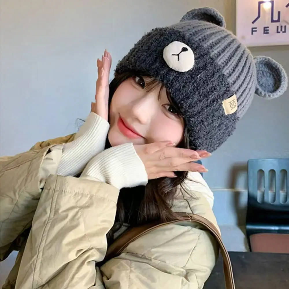 

Модная зимняя теплая вязаная шапка с мягкими медвежьими ушками, капот с напуском, повседневная толстая кепка для отдыха для женщин