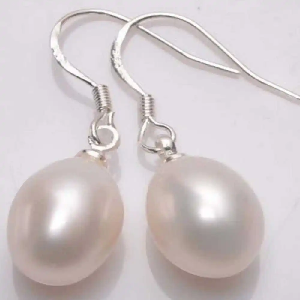 NATURAL 10-11MM WHITE REAL PEARL 925 SILVER DANGLE EARRINGS Gift SOLID Lucky Fashion Christmas