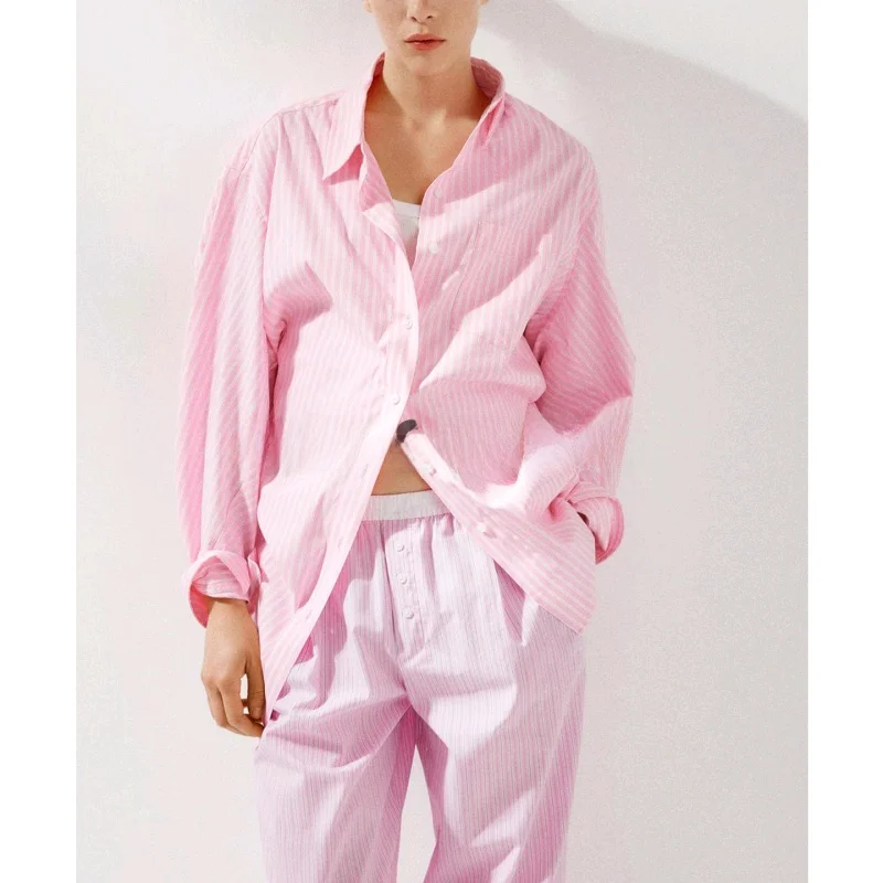 

Summer New Women's Striped Loose Silk Long Sve irt Commute Sle Regular Sve Length Pure Color Button Closure Polyest...