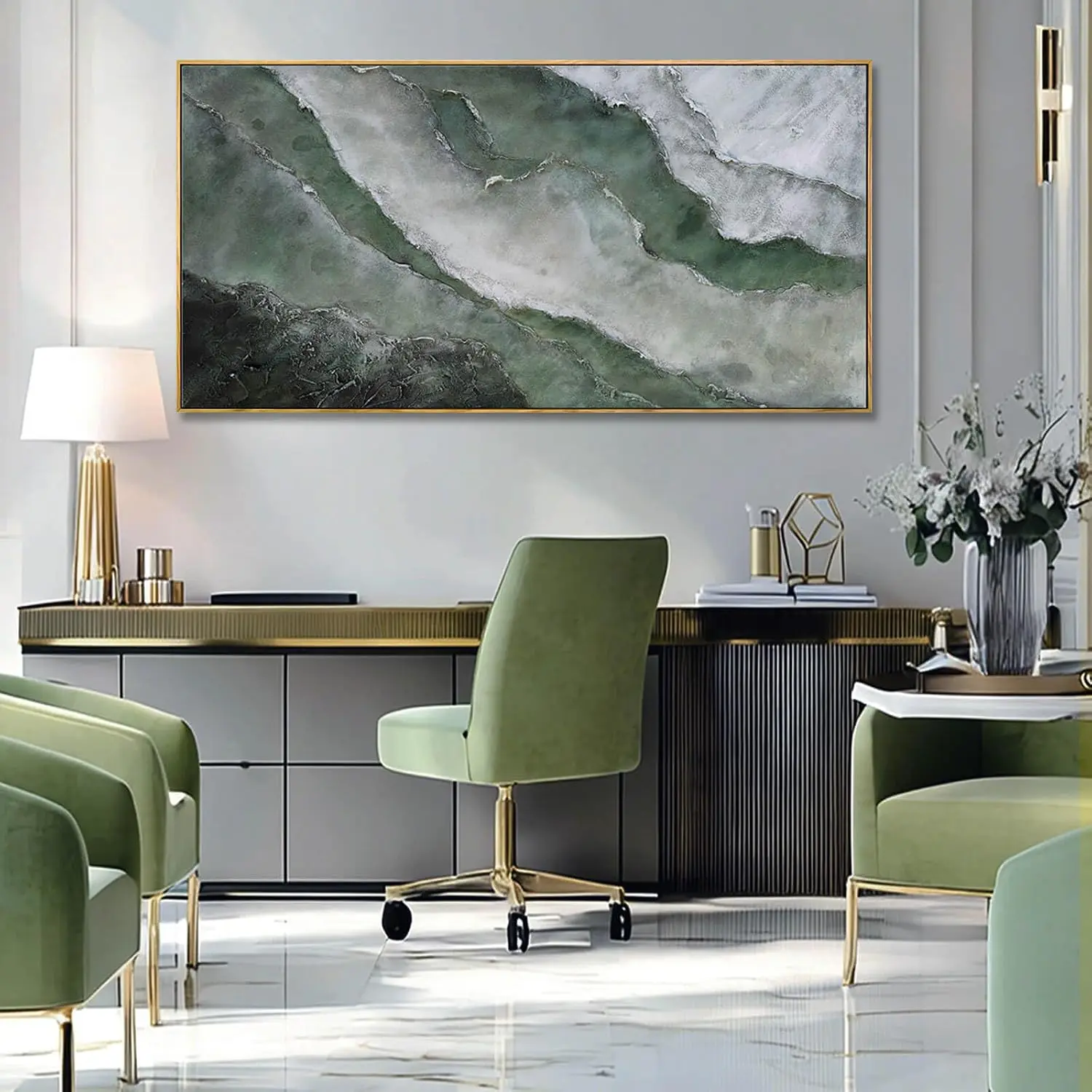 Green and White Textured Landscape Wall Art 24x48 Inch, Large Framed Canvas Artwork with Wood Frame, Abstract Nature Wall Decor