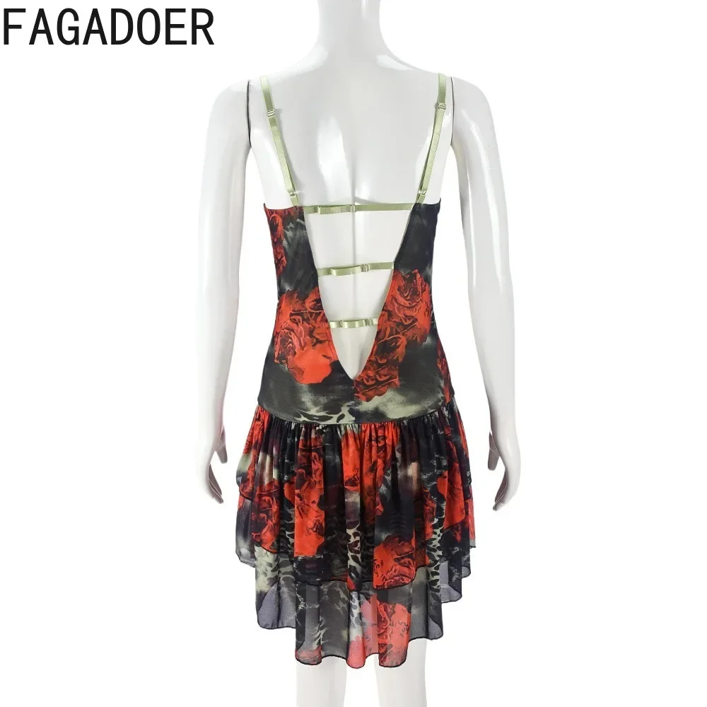 FAGADOER Y2K Sexy Flower Printing Bandage Hollow Ruffle Suspenders Mini Dresses 2024 Women Thin Strap Backless Pleated Vestidos