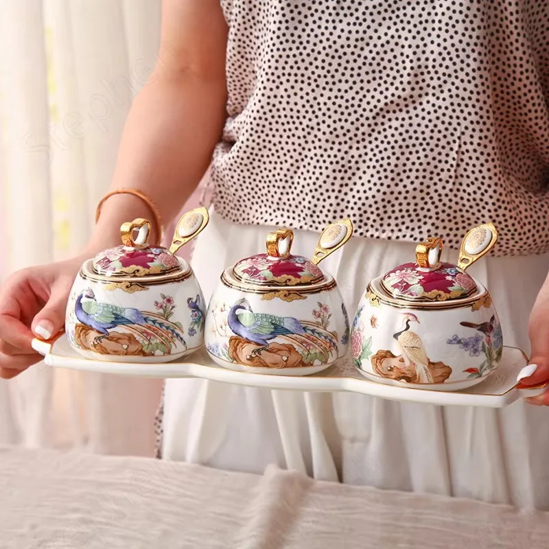 Golden Stroke Painted Canister Set Kitchen Chinese Modern Crane Decorative Ceramic Spice Jar with Lid Home Seasoning Organizer
