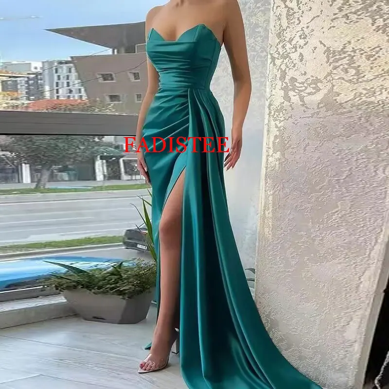 Green Satin Sleeveless V-neck Mermaid Pleats Prom Dresses Sexy High Split Long Party Dresses вечернее платье Vestidos Para Mujer