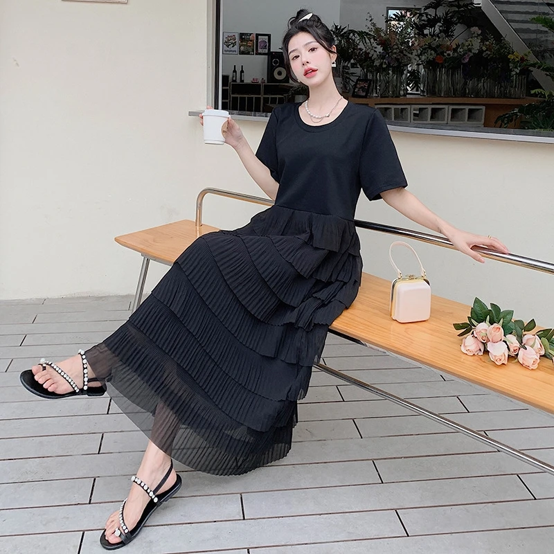 Eenvoud Jurken Elegant Patchwork Ruches Effen Zwart Zomer Dunne O-hals Korte Mouw Koreaanse Mode Losse Dameskleding