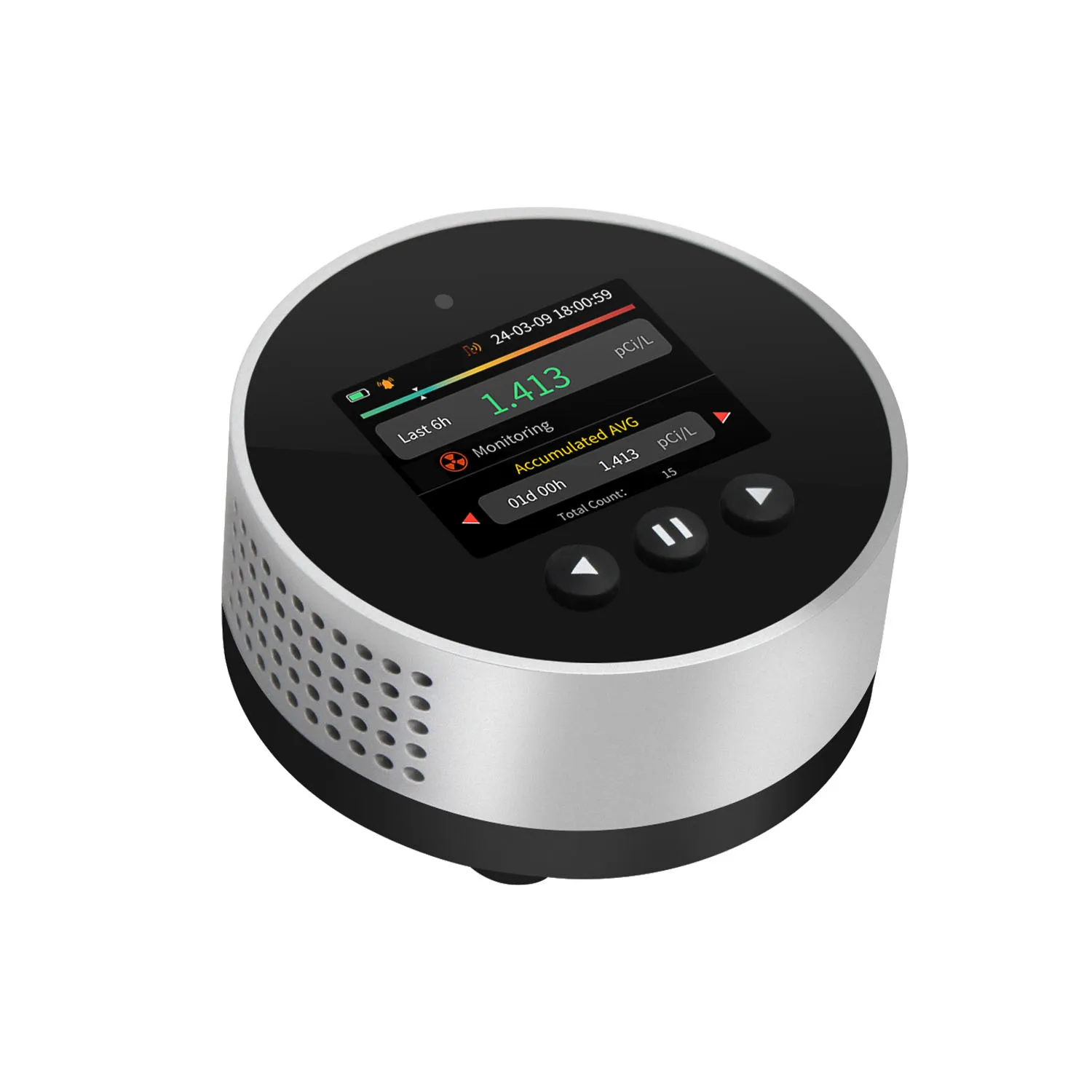 

Radon Detector Gas Analyzer with Temperature and Humidity Audible and Visual Alarm Colore LCD Stores 504days Record Data