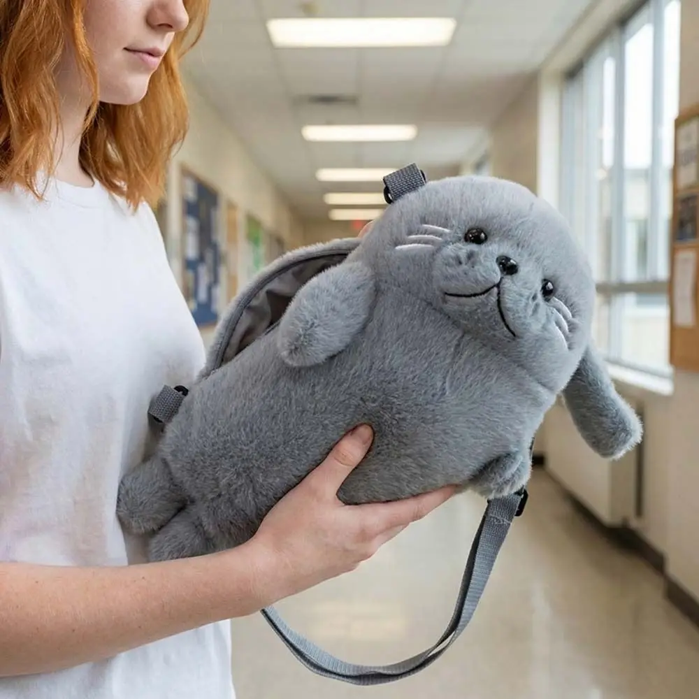 Creative Cute Seal Shoulder Pouch Soft Adorable Cartoon Seal Handbag Lightweight Adjustable Straps Crossbody Bag Students