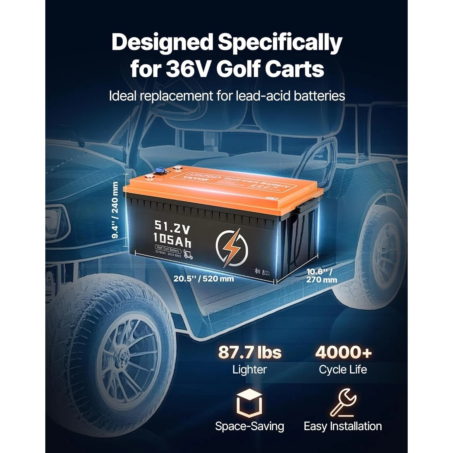 

Customized 48V 105Ah Golf Cart Lithium Battery,200A BMS Protection, 600A Peak, LCD&APP System, 20A Charger, 4000+ Cycle Lifespan